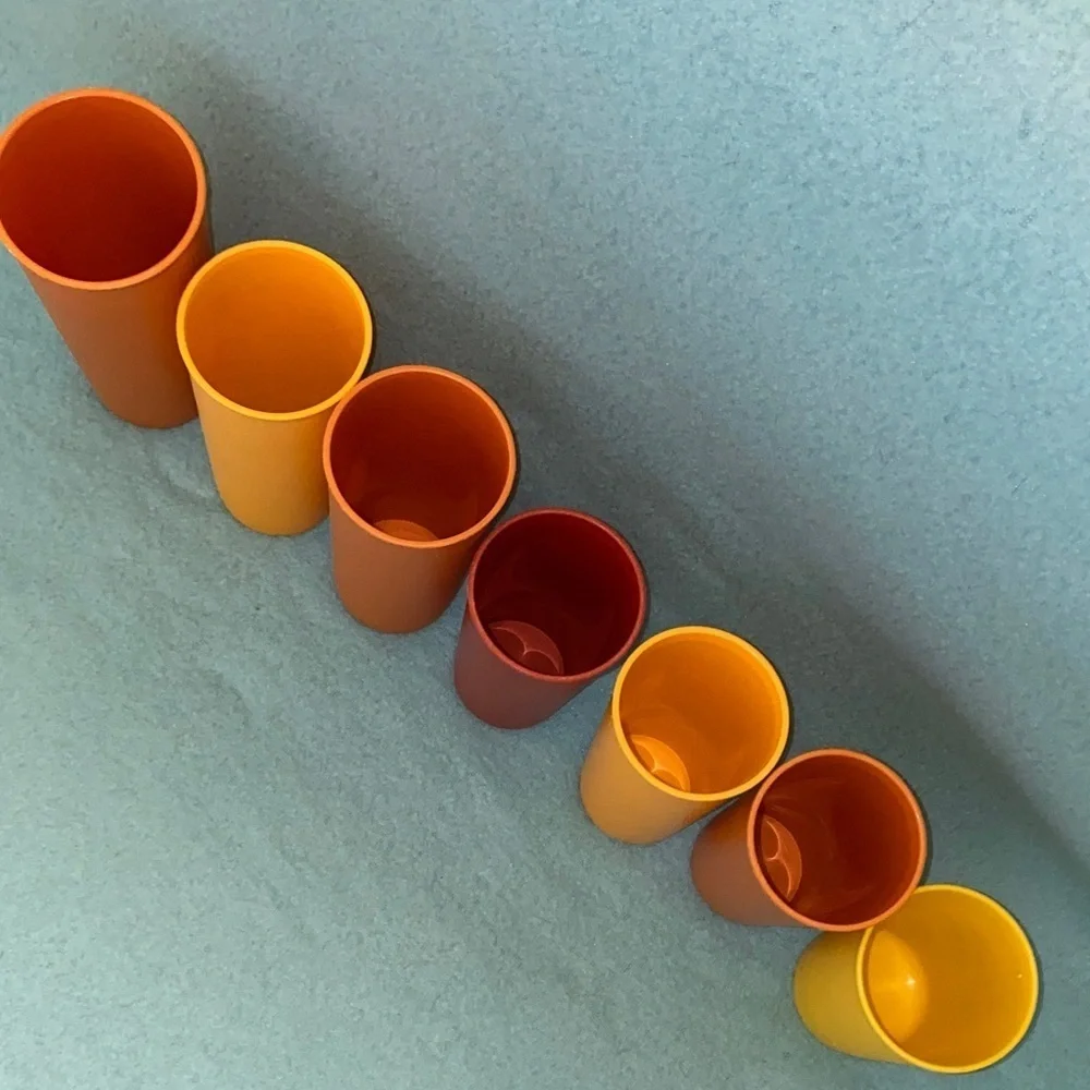 TUPPERWARE 7 drinking cups plastic random sizes yellow red orange vintage 1970’s